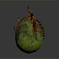 Green Egg Shaped Object With Red Yellow Spiked Top And Surface Patterns